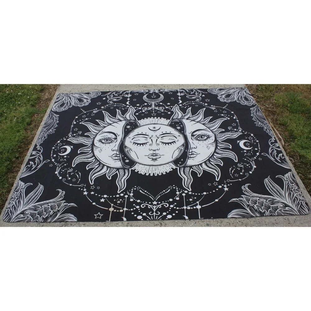 Sun Moon Stars Psychedelic Tapestry Hippie Wall Art Black White 72x92